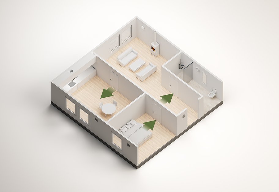 Skisse av bolig som viser overstrømning av luft mellom rom via dørspalter.
