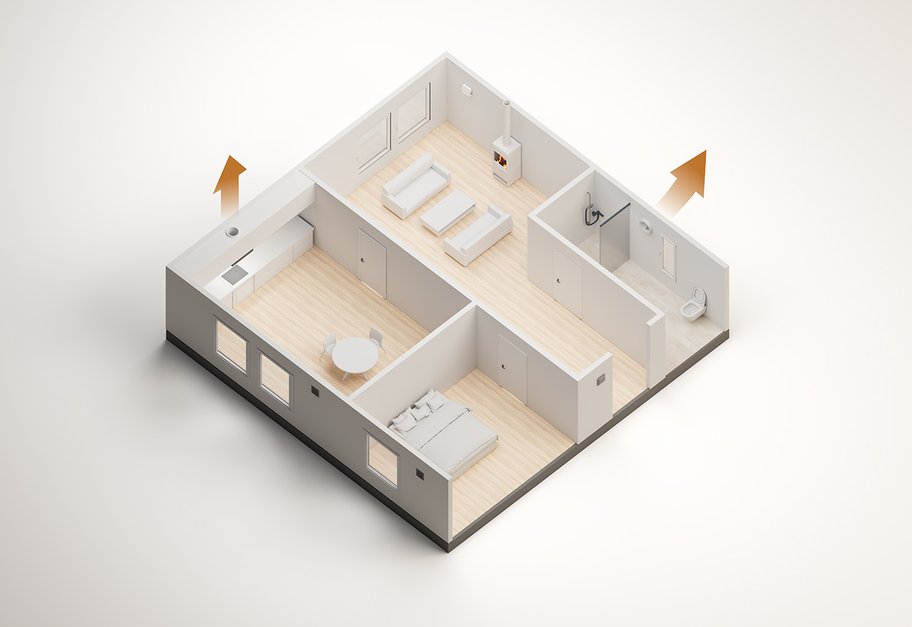 Skisse av bolig med avtrekk som fører brukt luft ut fra bad og kjøkken.