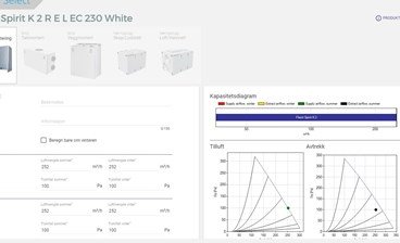 Screenshot from Flexit Select. The image illustrates unit selection and how capacity and performance data are presented to support system design.