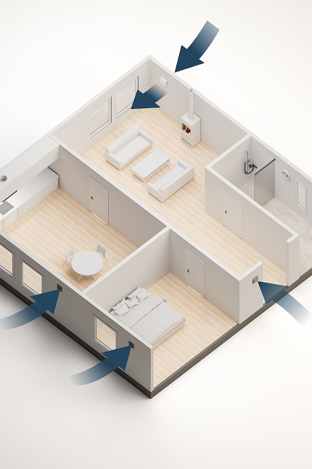 Skisse av bolig med tilluft via veggventiler som slipper inn frisk luft i oppholdsrom.