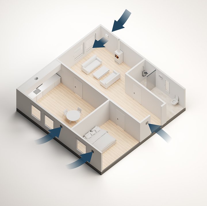 Skisse av bolig med tilluft via veggventiler som slipper inn frisk luft i oppholdsrom.