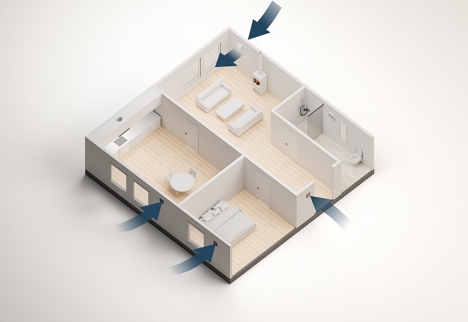 Skisse av bolig med tilluft via veggventiler som slipper inn frisk luft i oppholdsrom.