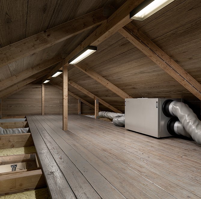 Nordic L6 ventilationsaggregat monterat på vind med anslutna ventilationskanaler