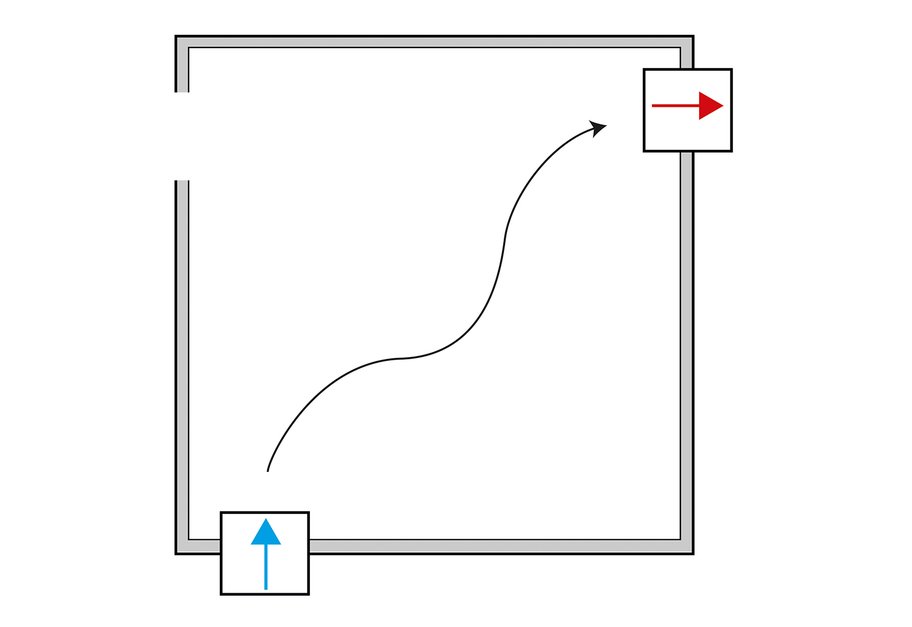 Illustrasjon av romventilator som gir balansert ventilasjon i ett rom via yttervegg.