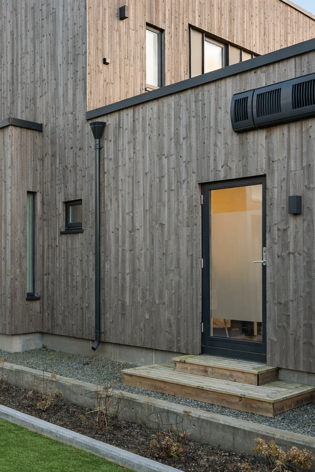 Ytterfasade på moderne trehus med Econordic installert som del av boligens energiløsning
