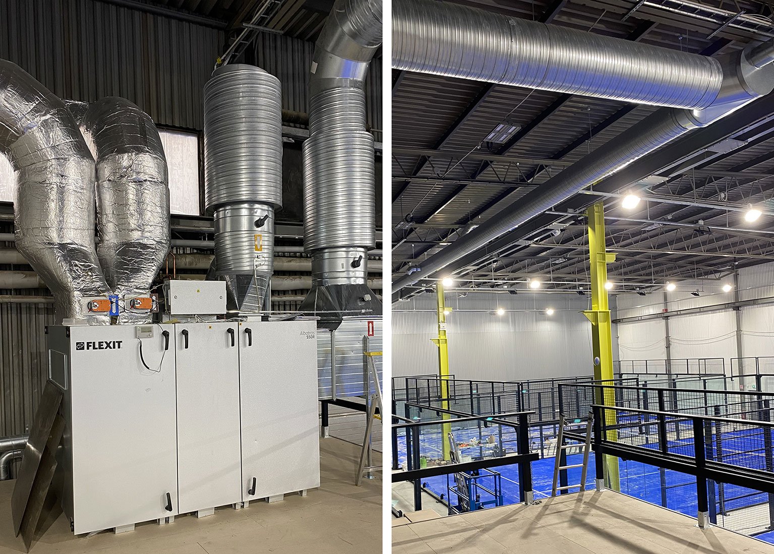 Ventilationsaggregat från Flexit installerat i teknikrum samt synliga ventilationskanaler i taket över spelplanerna i Dalecarlia Padel Arena.