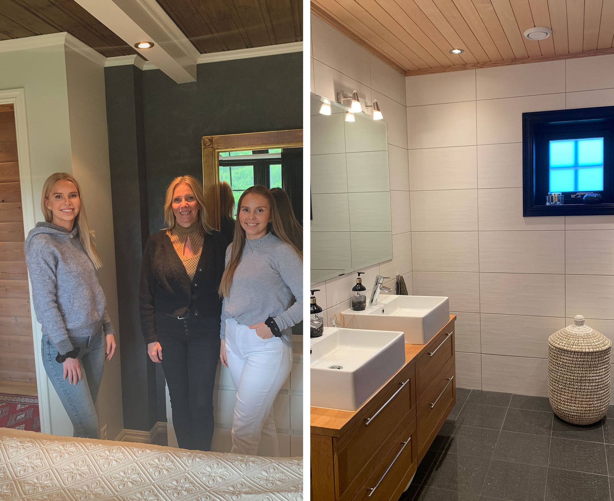 Soverom til venstre og baderom til høyre i moderne bolig med lyse materialvalg