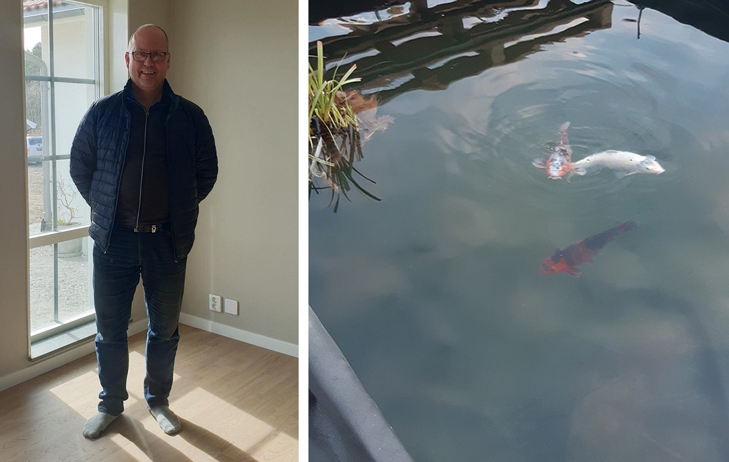 Niclas i sitt nybyggda hus och några Koikarpar