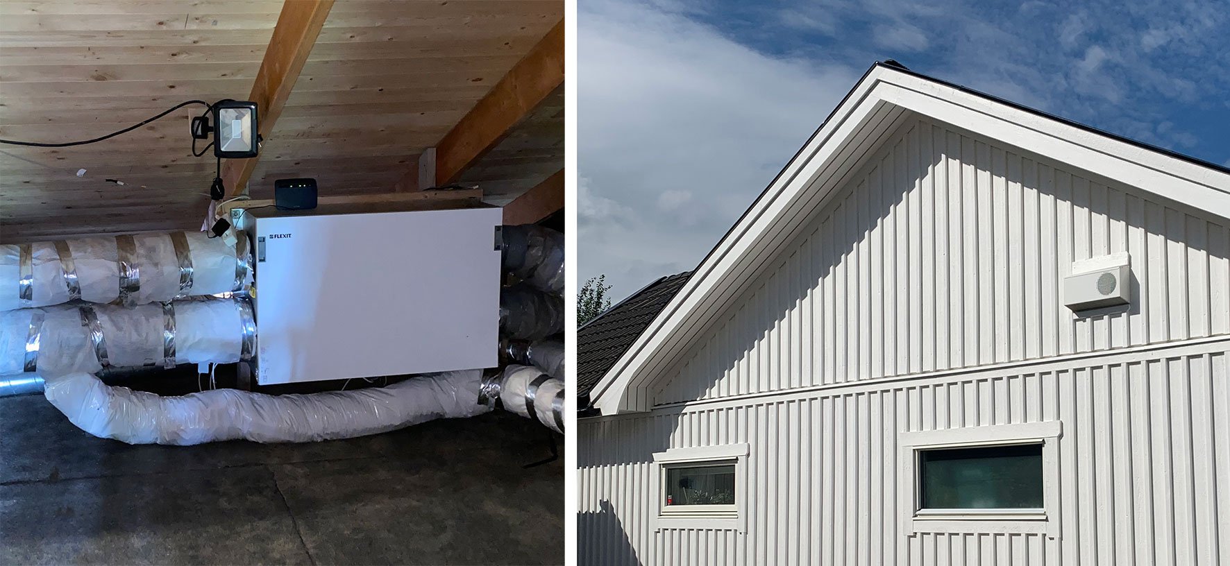 CL-aggregat ur Flexits Nordicserie monterade på vind i kallt utrymme samt vit ytterväggshuv på husgavel för till- och frånluft.