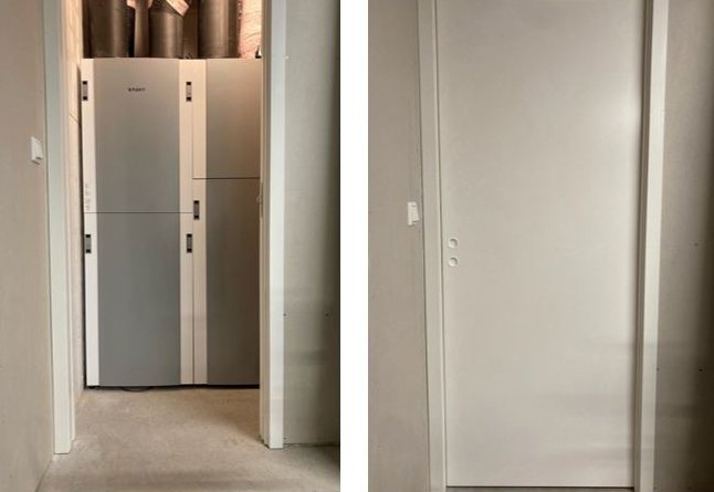 Ventilasjonsløsning diskret plassert bak dør i gang, tilpasset moderne boliginteriør