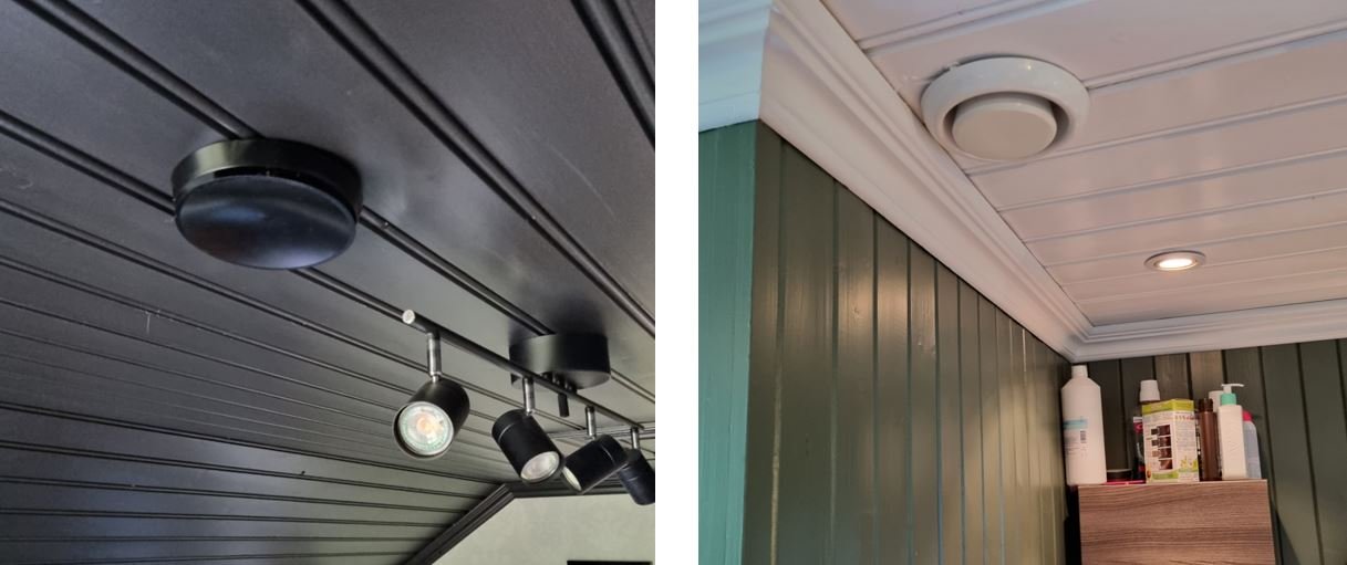 Eksisterende kanalnett med tillufts- og avtrekksventiler brukt i ventilasjonsinstallasjonen hos Åkerlund.