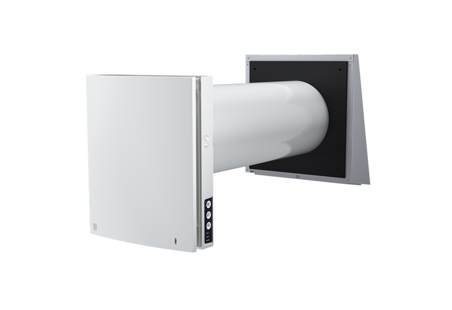Veggjennomført rumsventilator med innvendig front og utvendig veggdel for ventilasjon av enkeltrom i bolig.
