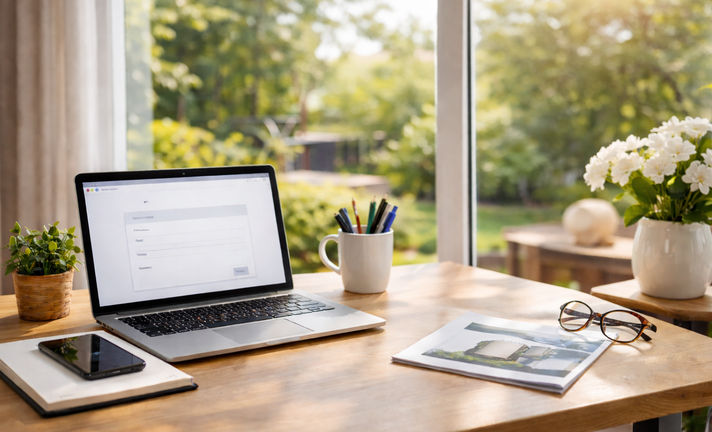 A calm and well-organised workspace with natural light and green surroundings. The image illustrates an accessible and straightforward point of contact in an everyday setting, suitable for both private and professional users.