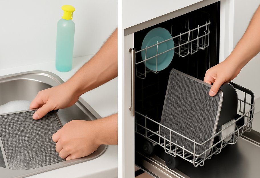 Rengjøring av kjøkkenhettefilter for hånd og i oppvaskmaskin.