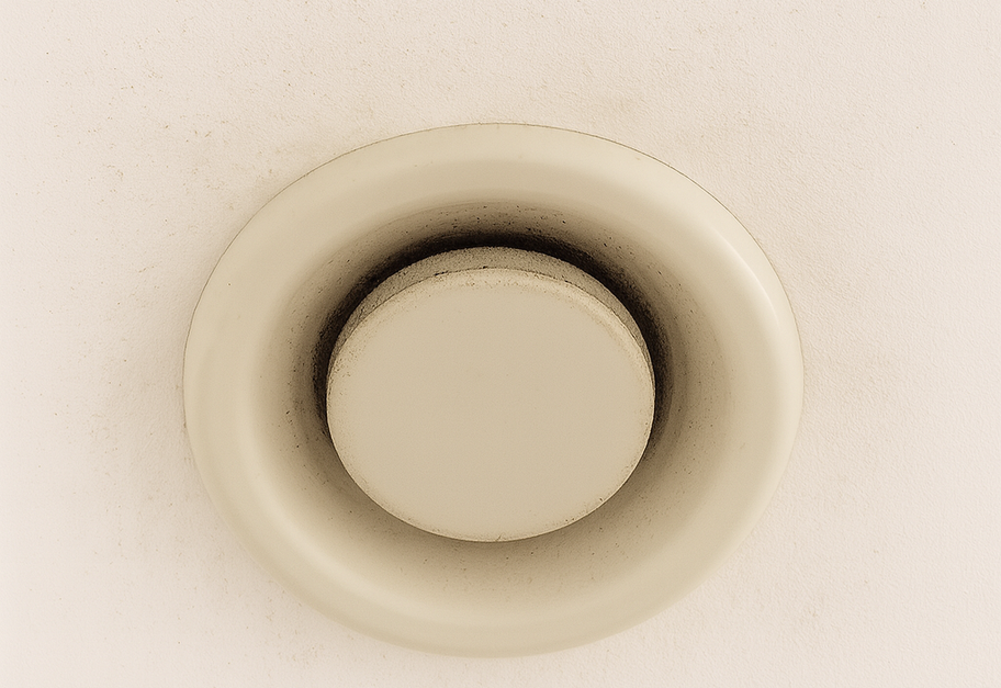 Skitten fraluftsventil i tak med synlig støv og smuss rundt åpningen.