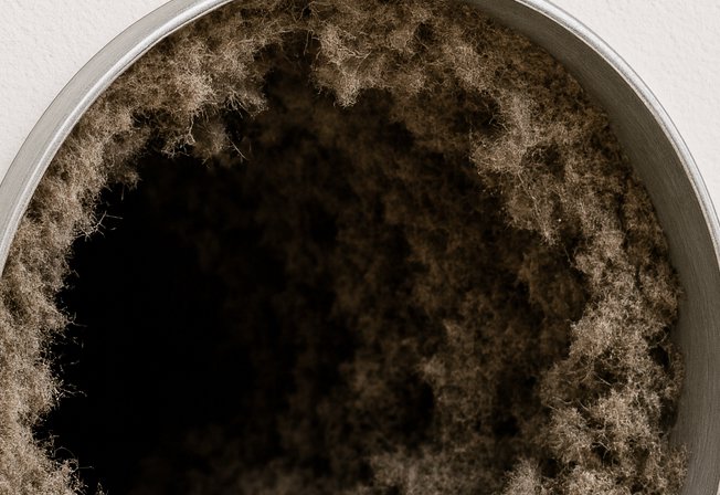 Ventilasjonskanal med kraftig oppsamling av støv og smuss innvendig.