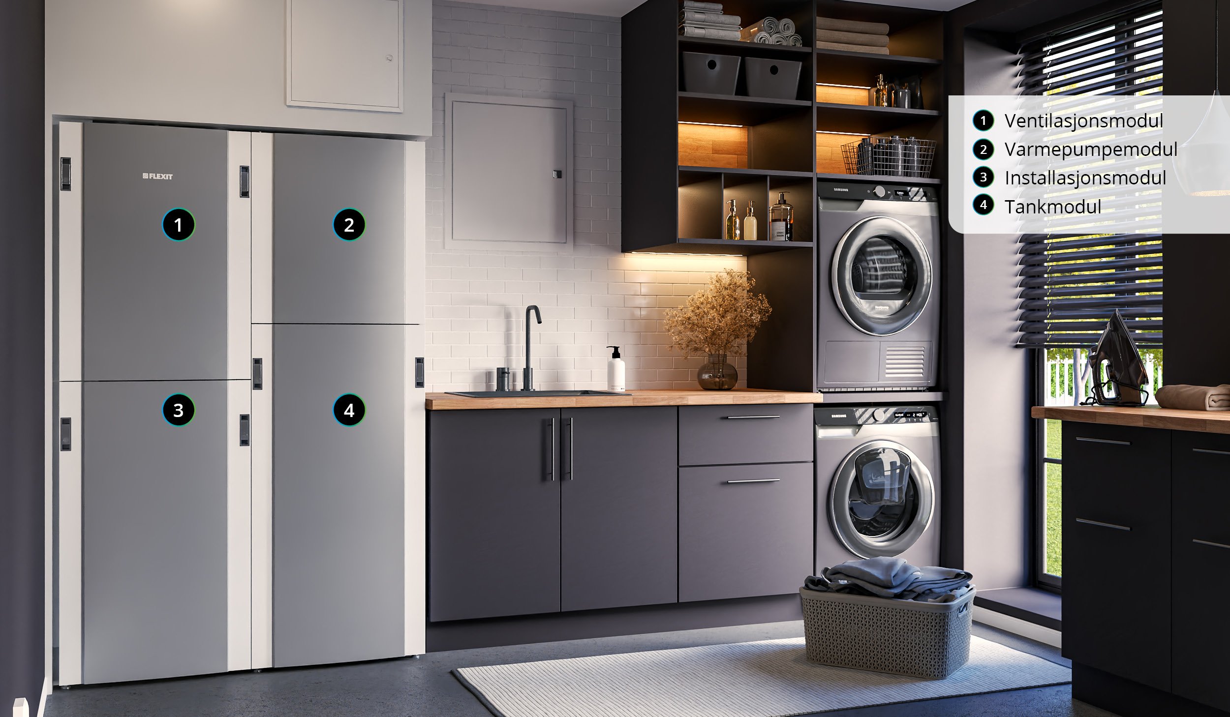 EcoNordic WH4 XL med moduloppbygging bestående av ventilasjonsmodul, varmepumpemodul, installasjonsmodul og tankmodul
