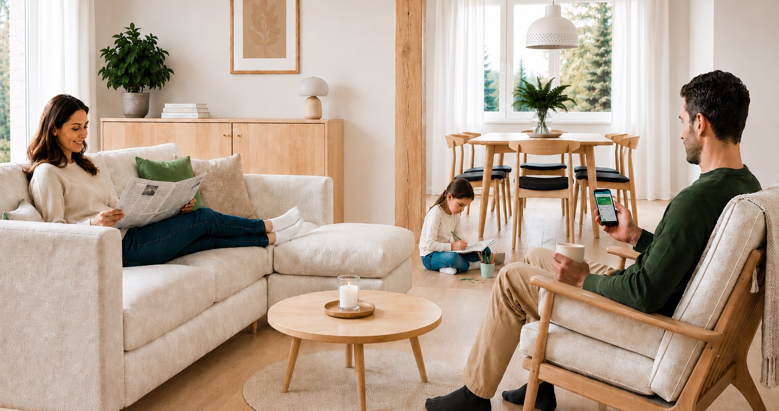 Family in a modern living room with balanced ventilation