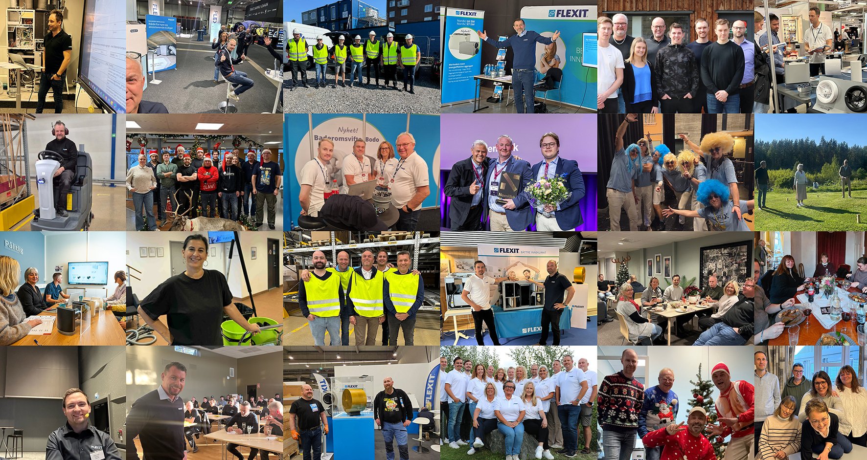 Kollasjebilde av ansatte fra ulike avdelinger i Flexit i arbeid og sosiale situasjoner.