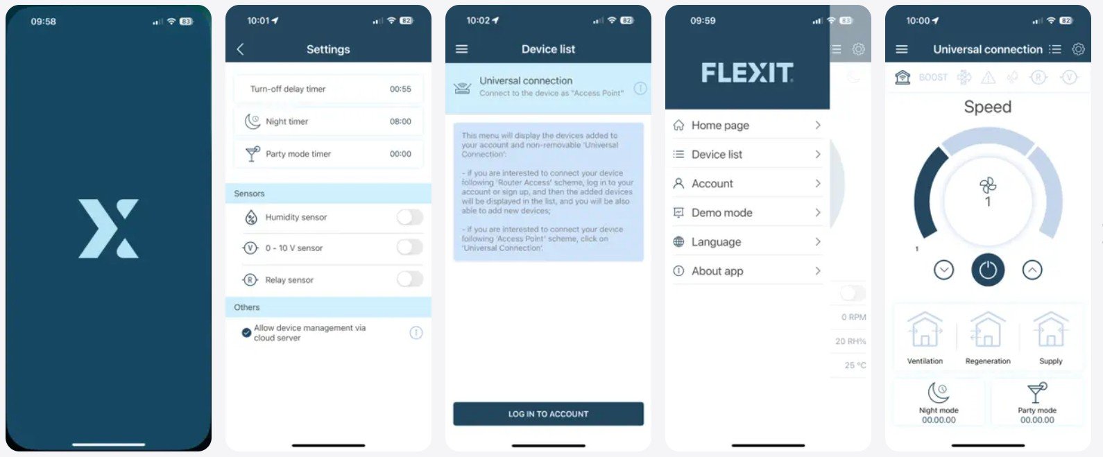 Skjermbilder fra Flexit Fans-appen som viser innstillinger, enhetsliste og regulering av viftehastighet