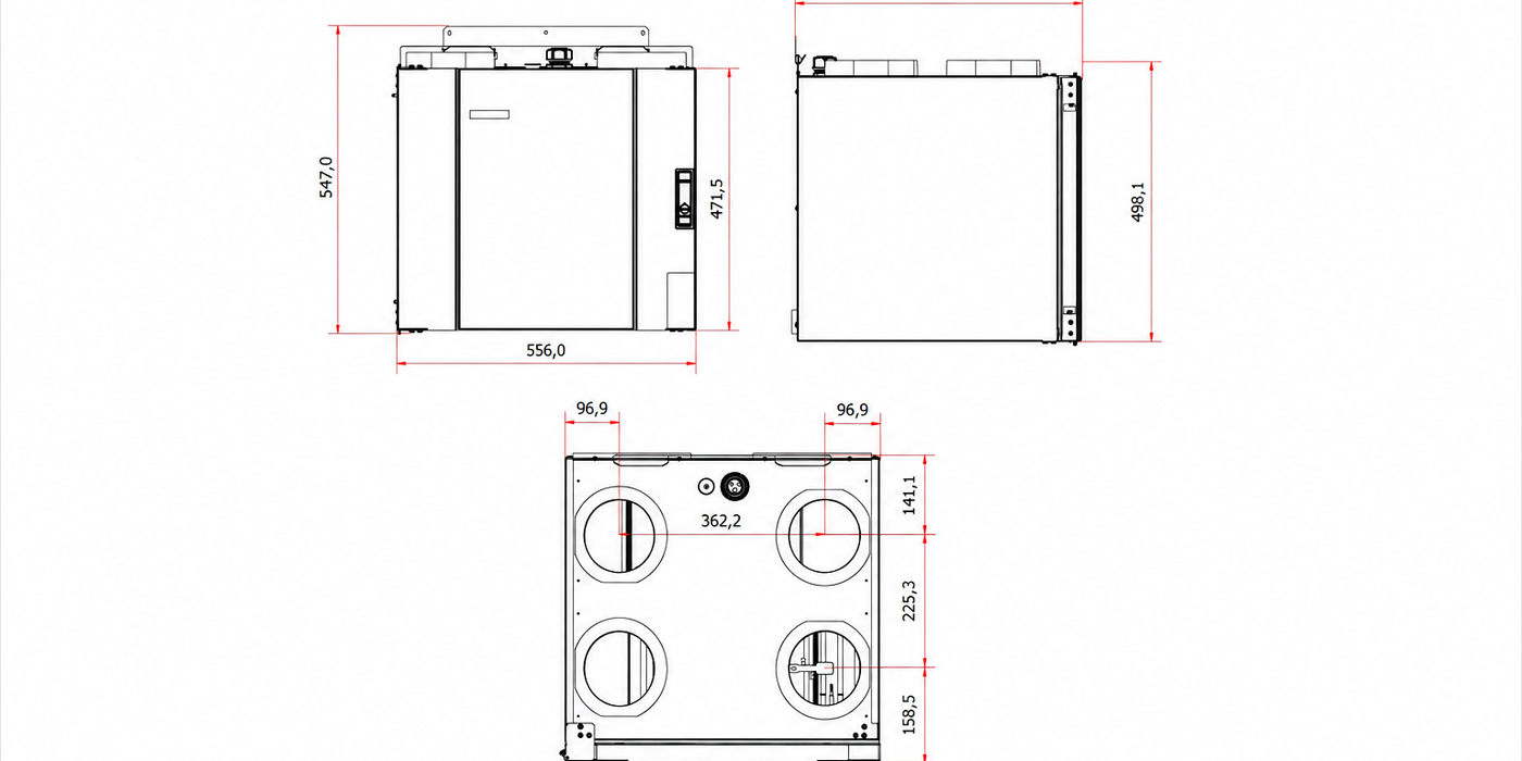 Technical dimension drawing of the Flexit Nordic TS2 unit with front, side and top views.