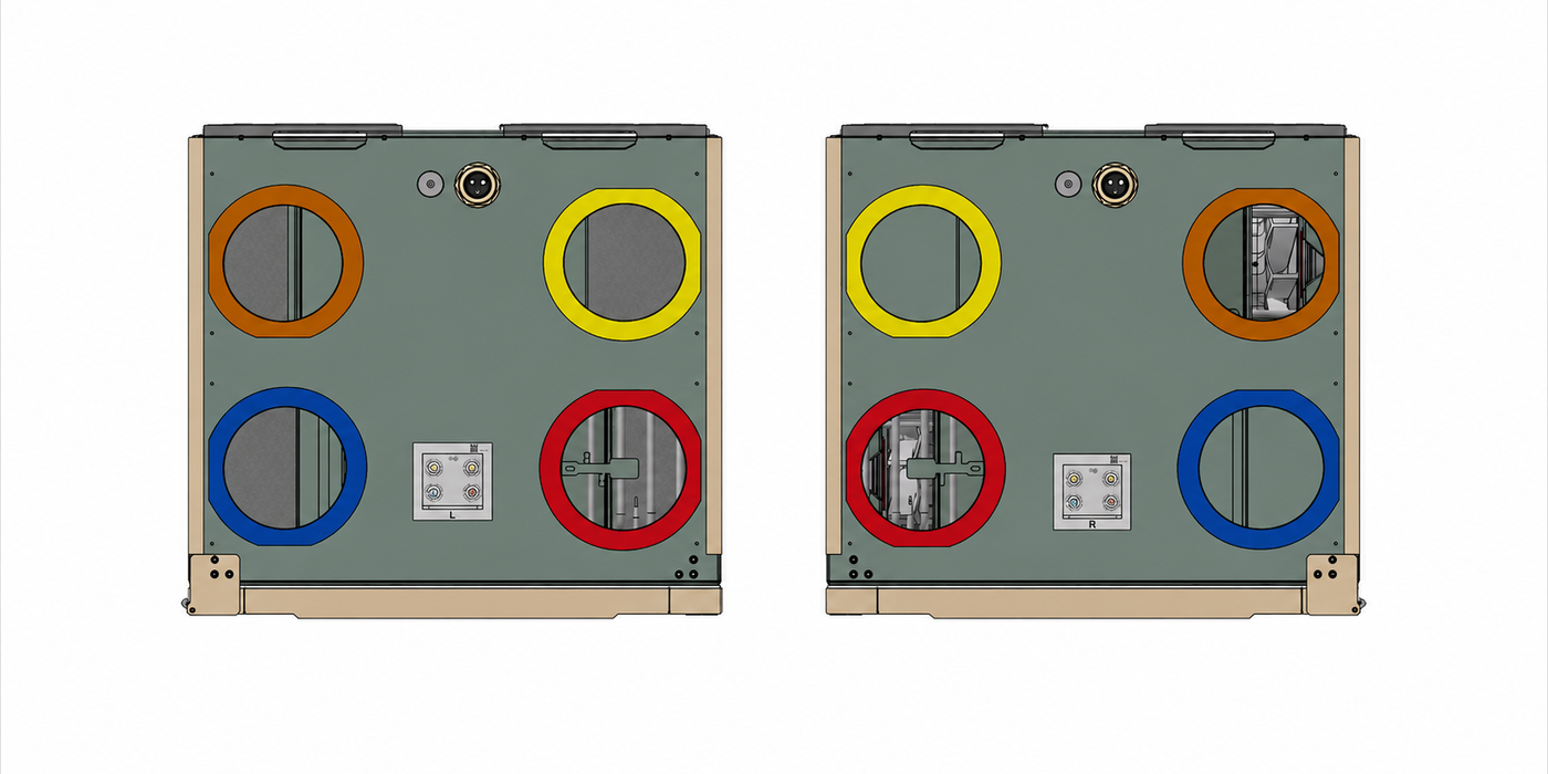 Flexit Nordic TS2 in left- and right-hand configurations with colour-coded duct connections.