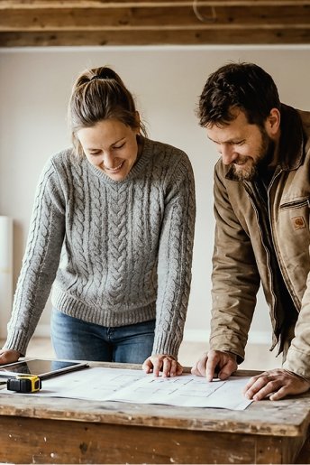 To personer planlegger boligoppussing innendørs, stående ved et bord med byggetegninger i et rom under renovering.