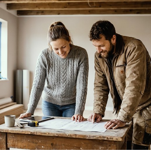 Två personer planerar en bostadsrenovering inomhus, stående vid ett bord med byggnadsritningar i ett rum under renovering.