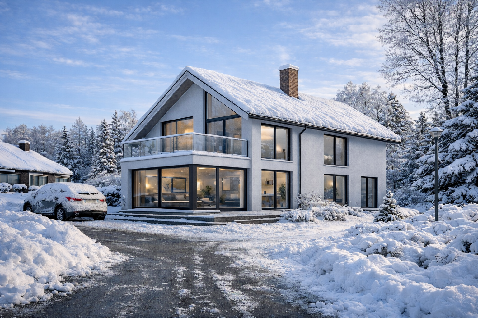 Enebolig i vinterlandskap med varmt lys som viser et stabilt inneklima.