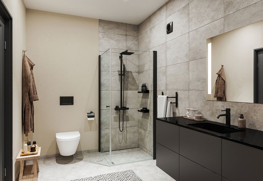 Moderne bad med veggmontert baderomsvifte som viser effektiv ventilasjon i våtrom.