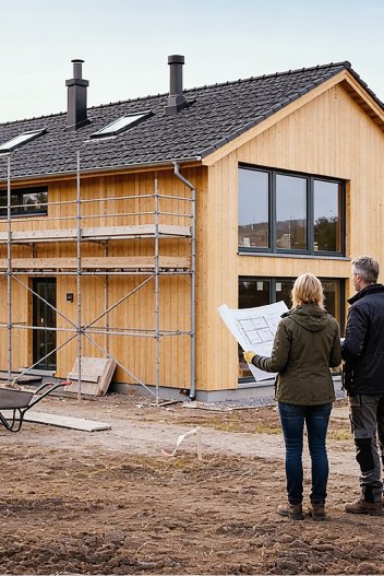 Ny enebolig under oppføring, med stillas rundt bygget og to personer som ser på byggetegninger på tomten.