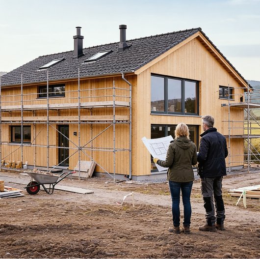 Ny villa under uppförande, med byggställningar runt huset och två personer som tittar på byggnadsritningar på tomten.
