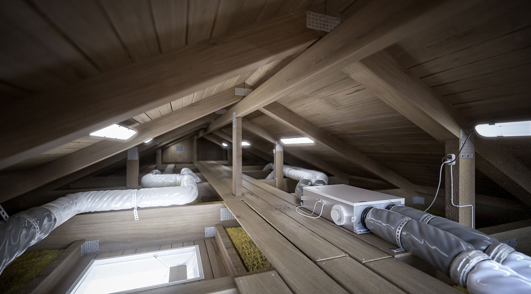 Ventilasjonsaggregat med isolerte kanaler installert på loft i bolig
