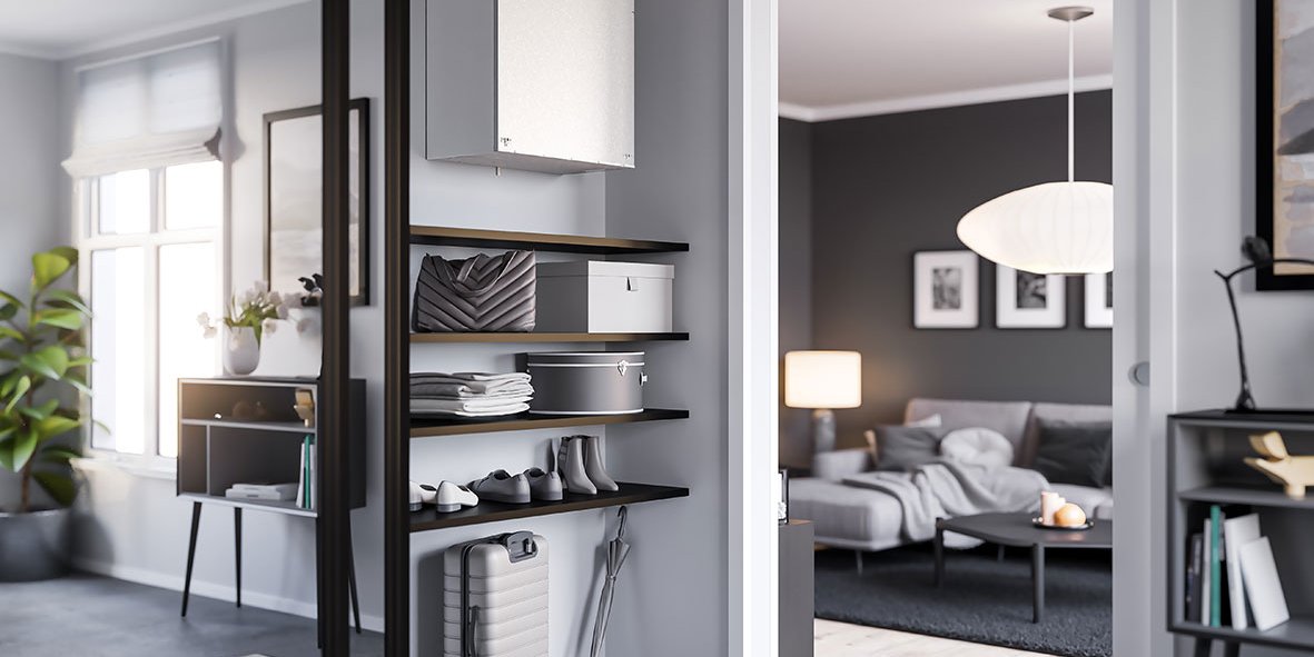 Nordic ventilasjonsaggregat installert skjult bak speilvegg i leilighet.