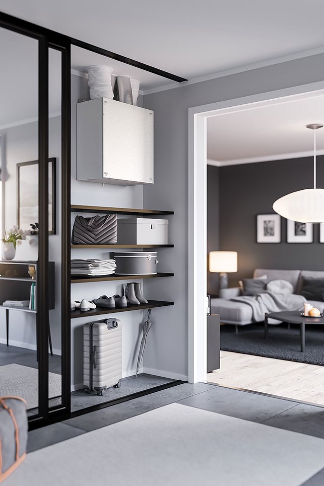 Nordic air handling unit concealed behind mirrored wall in apartment