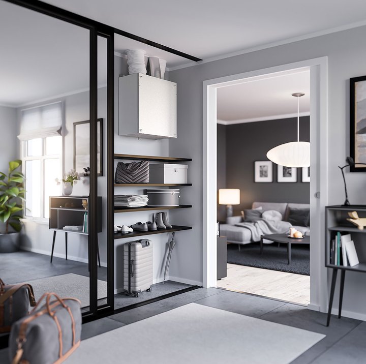 Nordic ventilasjonsaggregat installert i gang og integrert i et moderne boliginteriør