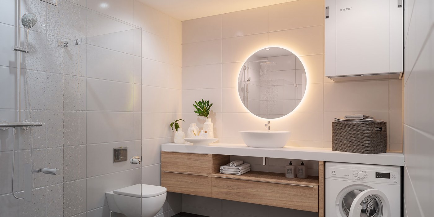 Nordic ventilasjonsaggregat montert på vegg i bad i leilighet.