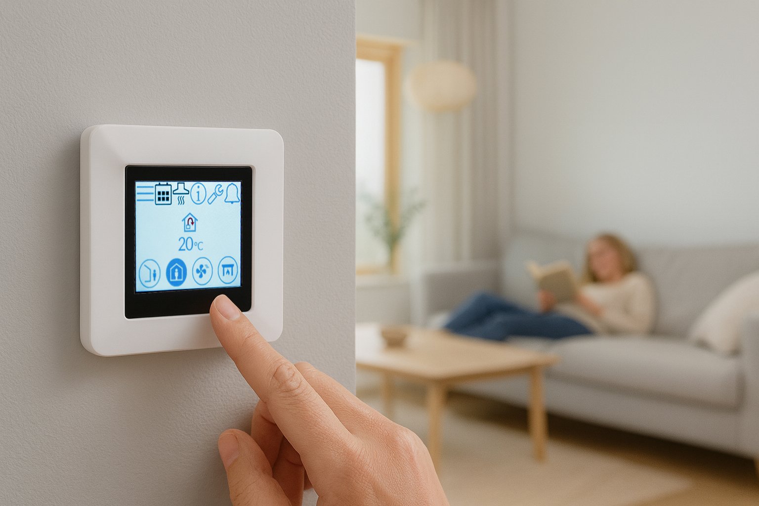 NordicPanel veggmontert betjeningspanel for ventilasjon, der bruker justerer luftmengde og temperatur.