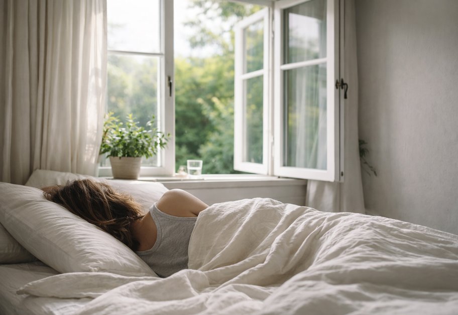 Person ligger og sover i seng ved åpent vindu i et lyst soverom.