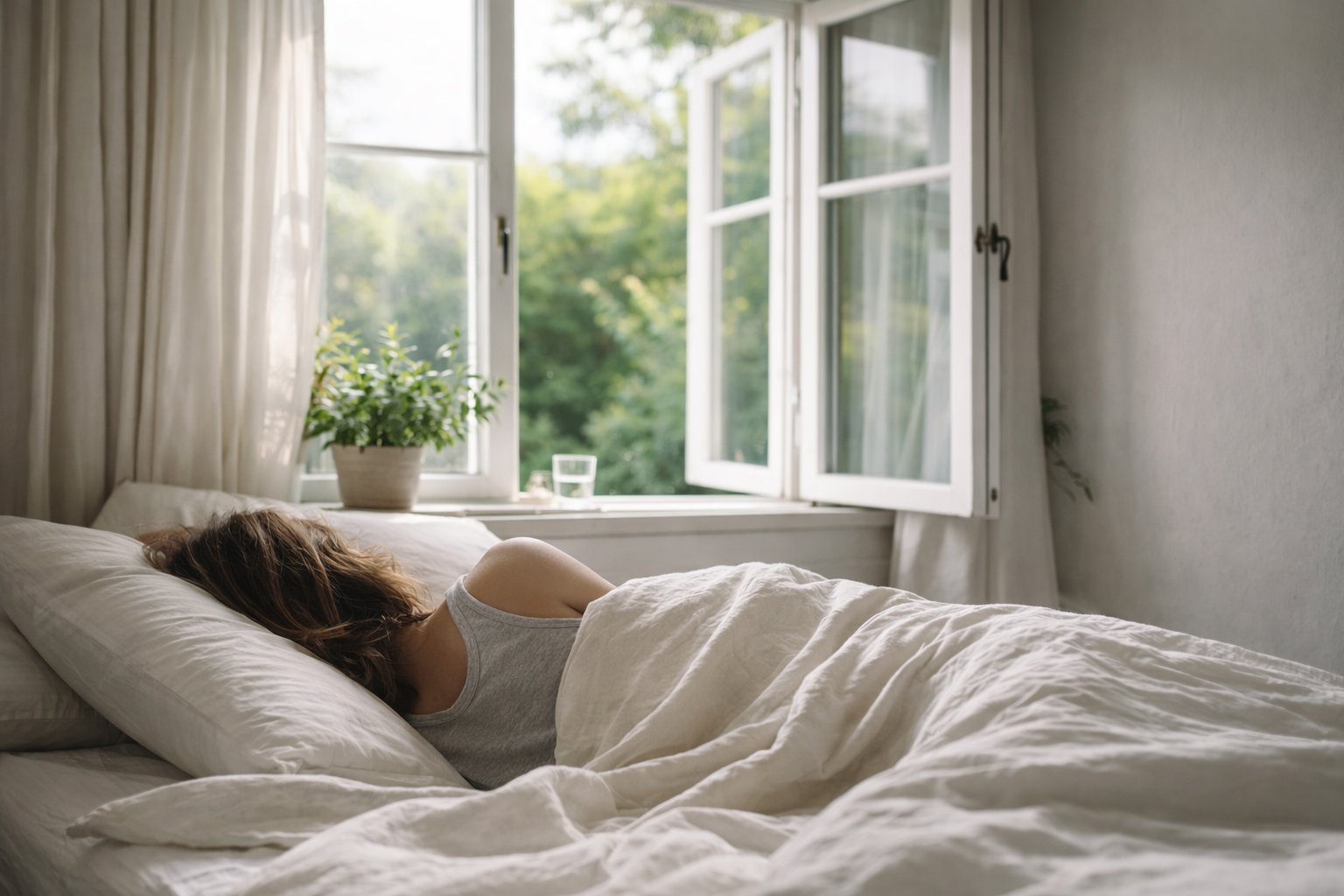 Person ligger og sover i seng ved åpent vindu i et lyst soverom.