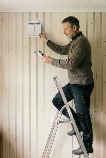 Person monterer eller justerer ventilasjonsventil på vegg i eldre bolig, stående på stige i et oppholdsrom.