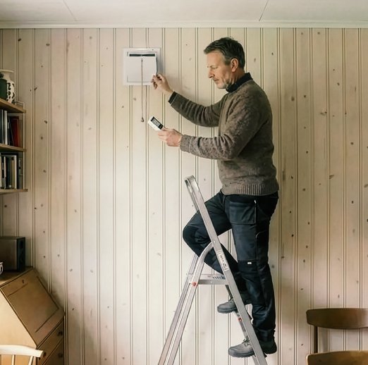 Person monterar eller justerar ventilationsventil på vägg i äldre bostad, stående på stege i ett vardagsrum.