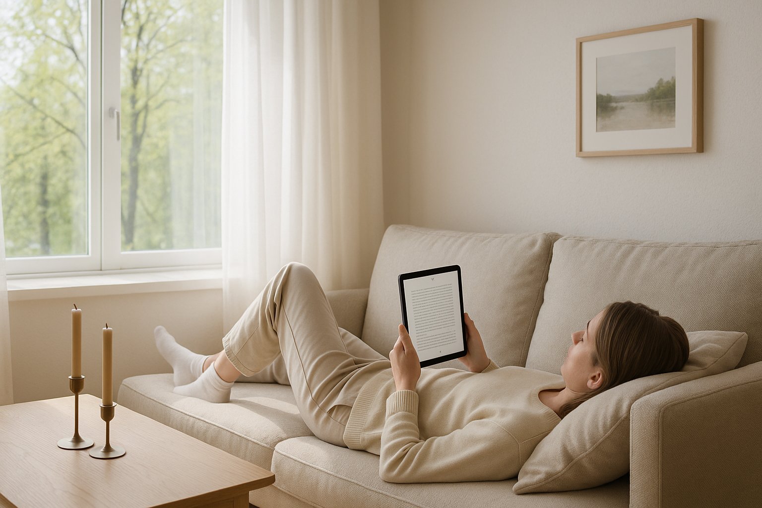 Kvinne ligger avslappet på en sofa i en lys stue og leser på et nettbrett.
